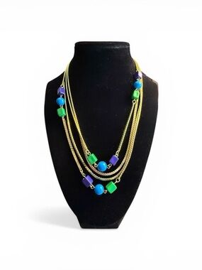 Gold Multi-Strand Necklace with Blue, Green & Purple Beads